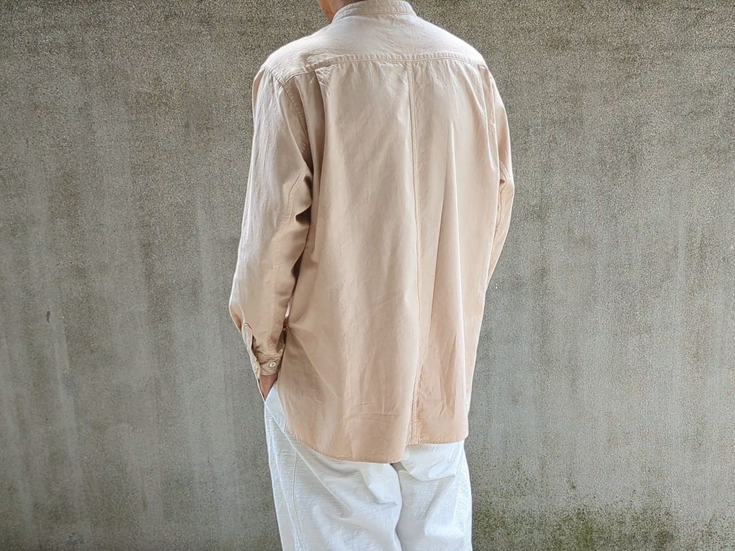 <OSOCU> 知多木綿 ビッグスクエアパッチワーク バンドカラーシャツ 知多半島みかん(草木染め)