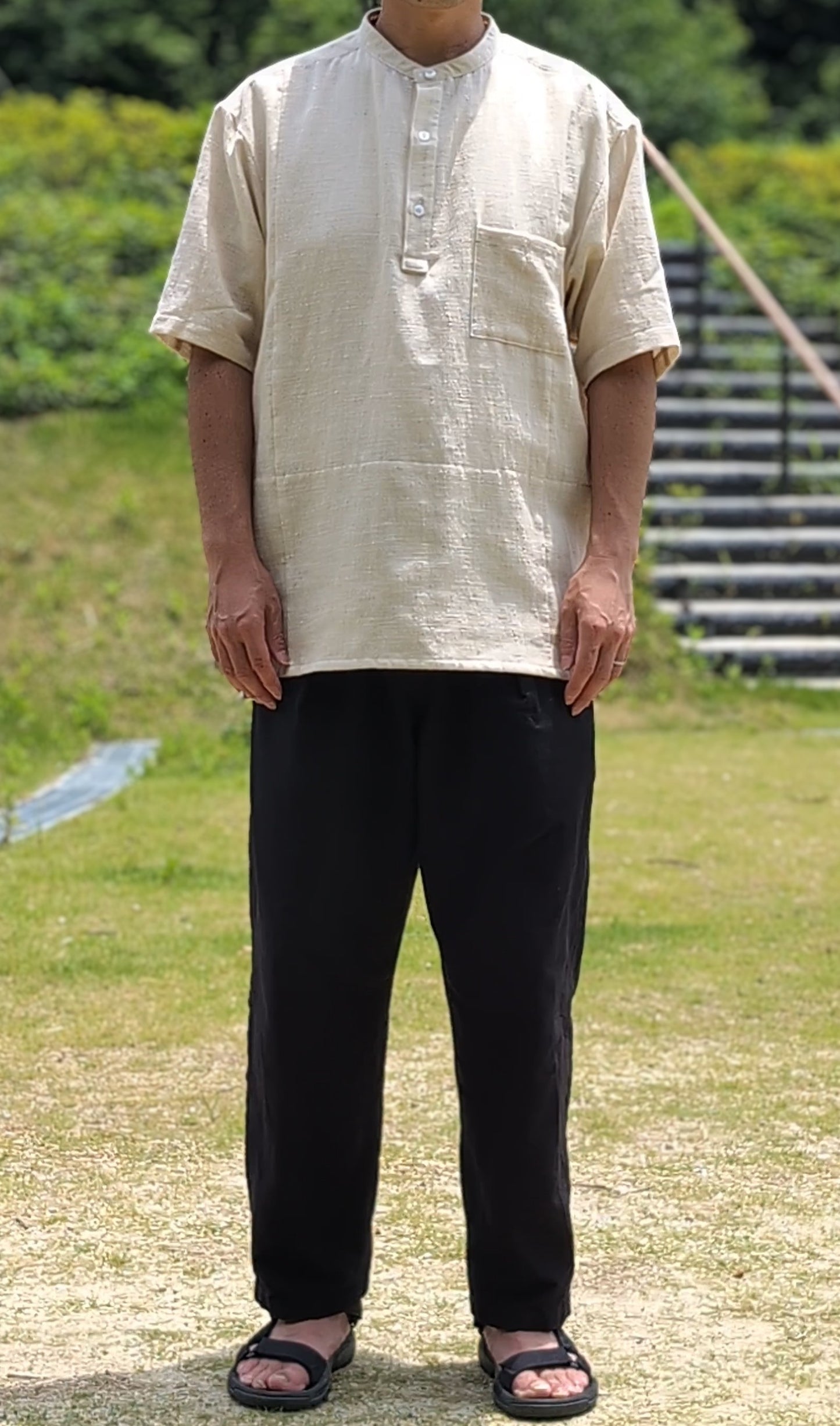 <OSOCU>備後節織 綿麻節織 半袖プルオーバーシャツ 生成 フリーサイズ