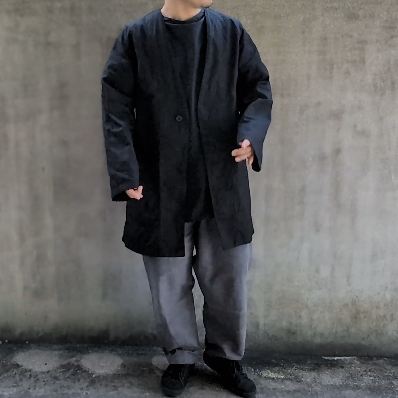 <OSOCU>デッドストック ノーカラーロングジャケット 名古屋黒紋付染