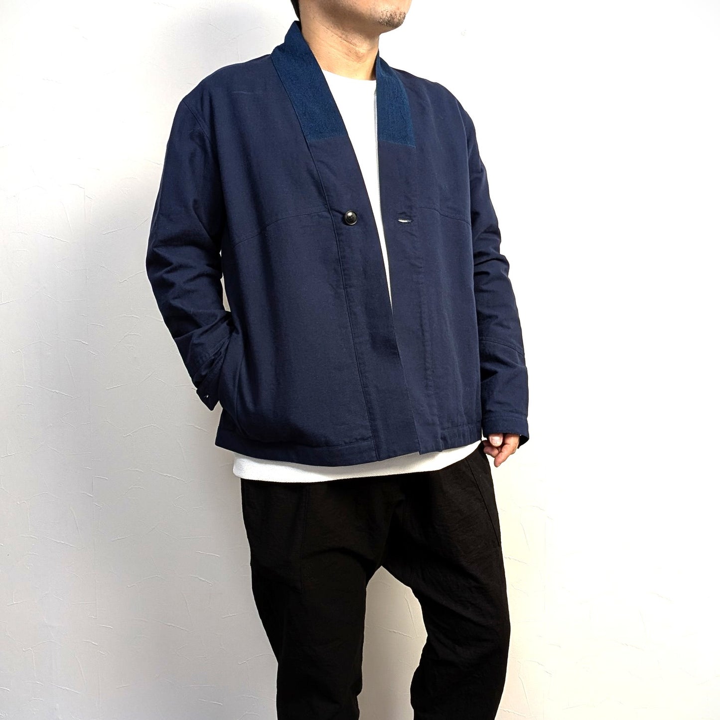デッドストック×備後節織 ノーカラー ショートジャケット ネイビー