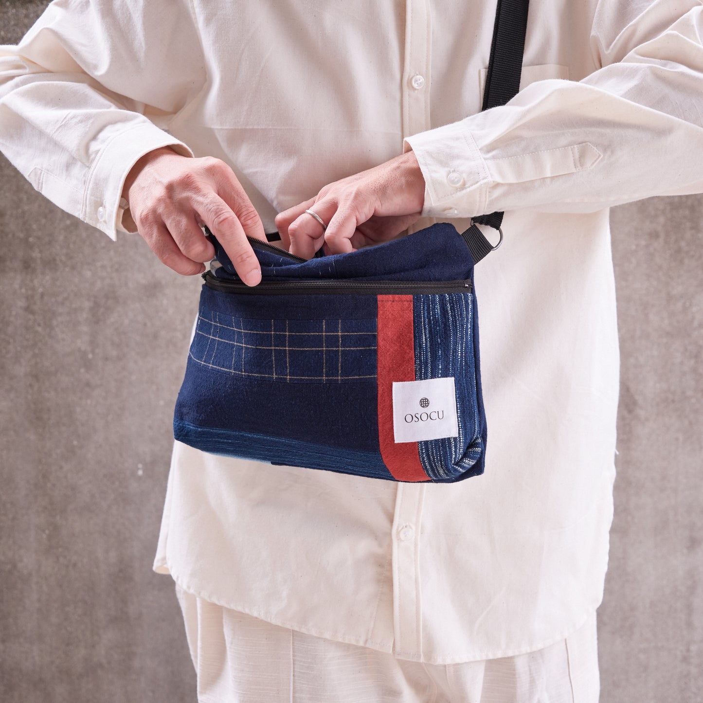 <OSOCU> 備後節織 パッチワーク サコッシュ バッグ No.002