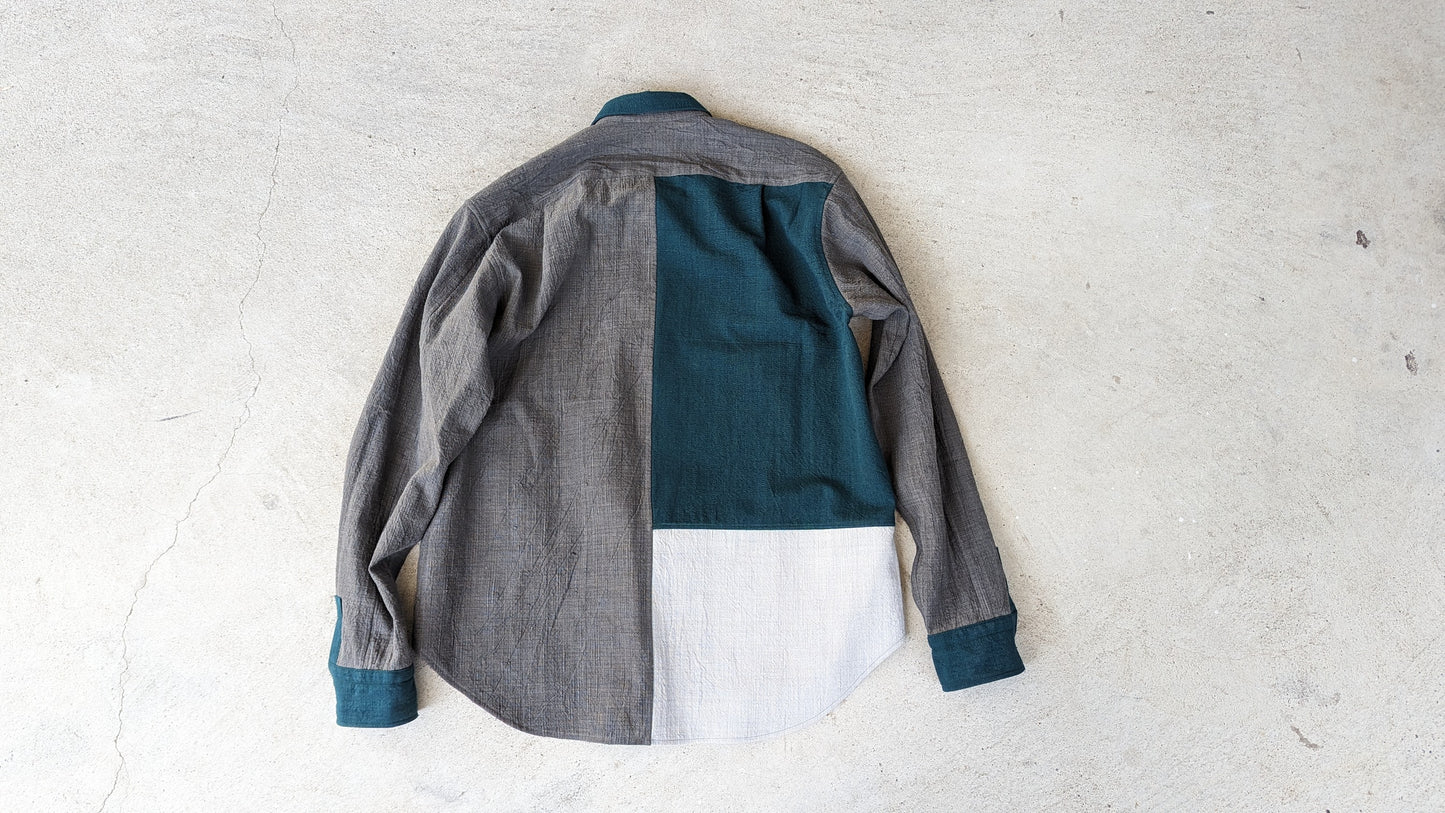 <1点物>備後節織 縫製士の気まぐれパターンシャツ 深緑×墨系