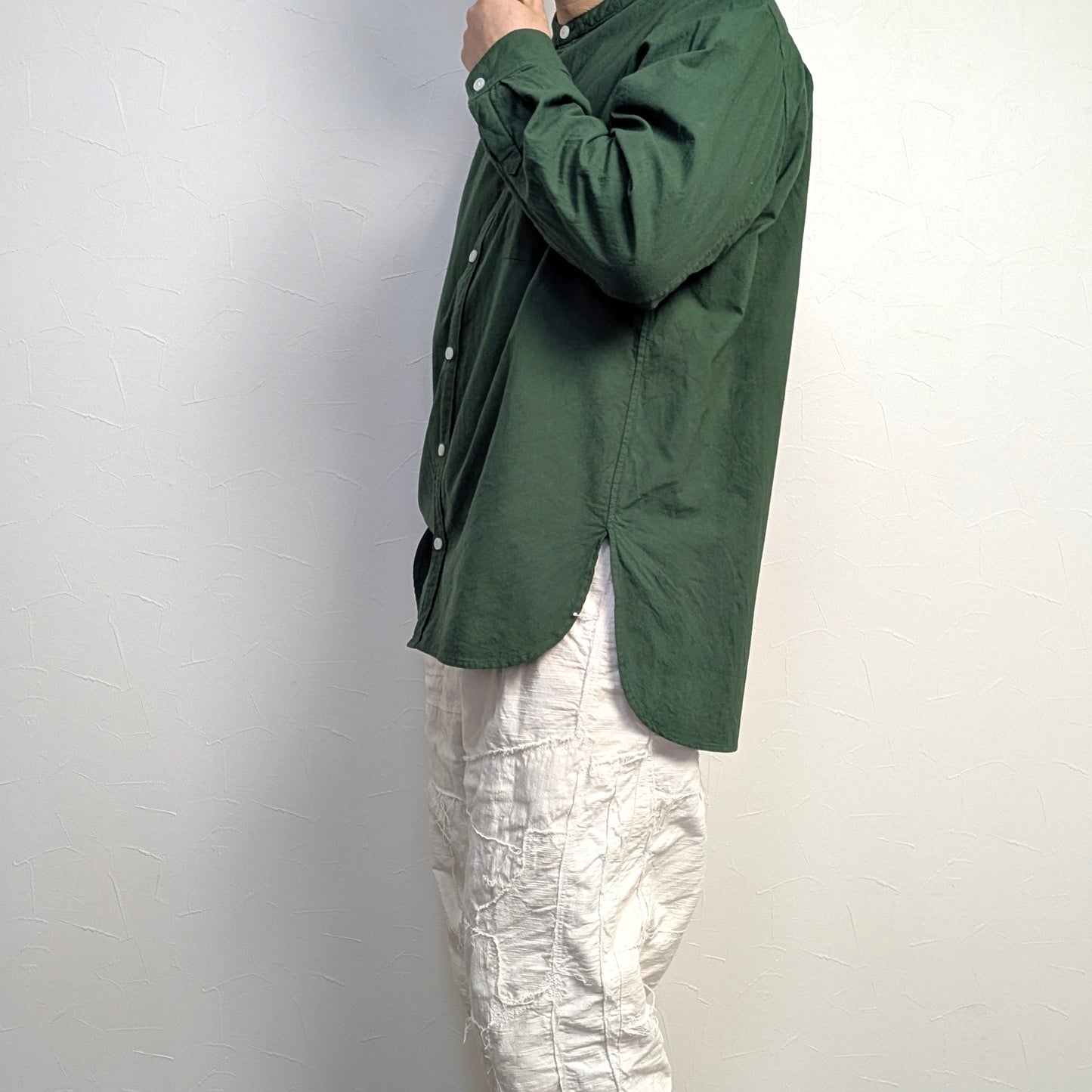 <OSOCU> 伝統色染め 織部色 知多木綿 バンドカラーシャツ