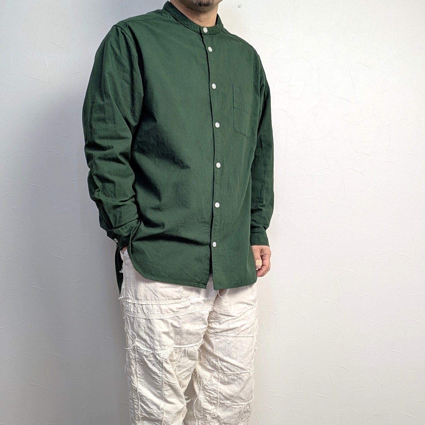 <OSOCU> 伝統色染め 織部色 知多木綿 バンドカラーシャツ