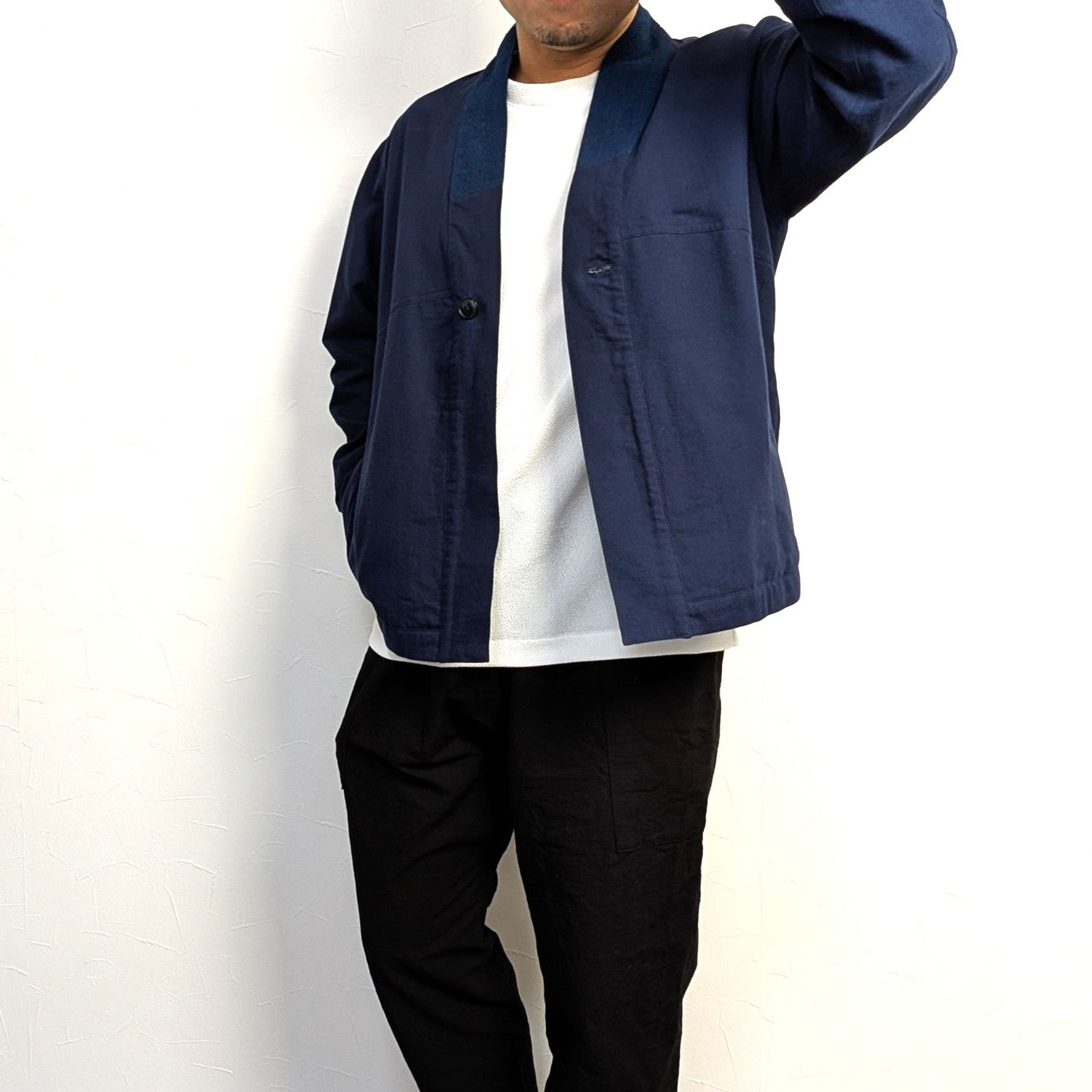 デッドストック×備後節織 ノーカラー ショートジャケット ネイビー