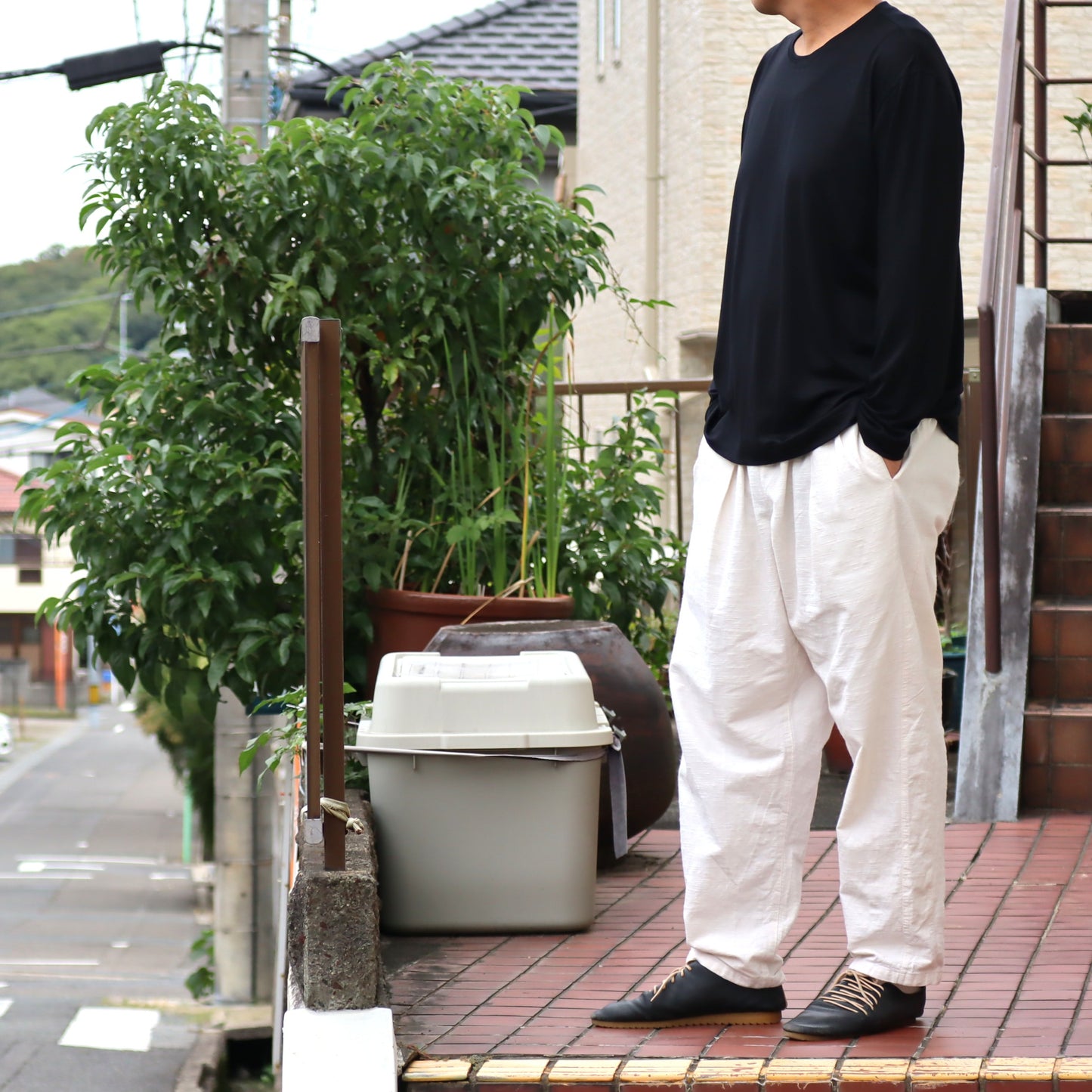 <OSOCU> 受注生産 尾州ウール Super160 メリノウール100％ ロングTシャツ 黒