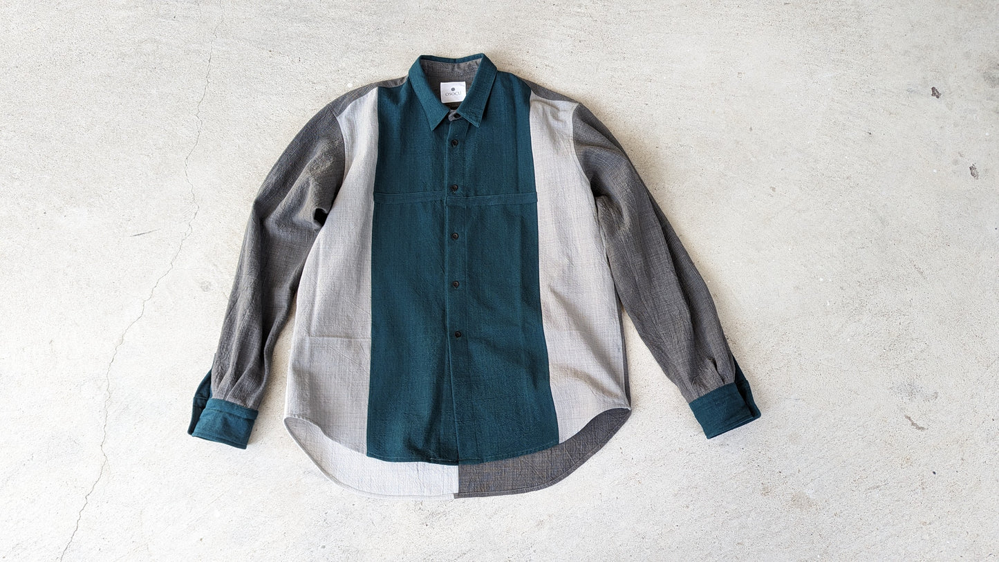 ＜1点物＞備後節織 縫製士の気まぐれパターンシャツ 深緑×墨系