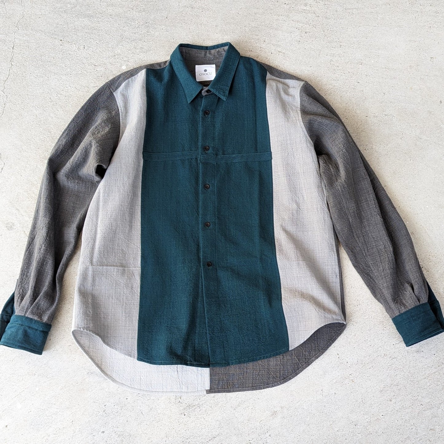 ＜1点物＞備後節織 縫製士の気まぐれパターンシャツ 深緑×墨系