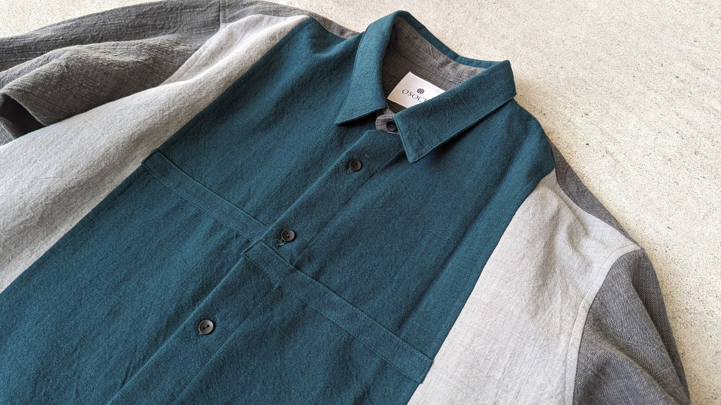 ＜1点物＞備後節織 縫製士の気まぐれパターンシャツ 深緑×墨系