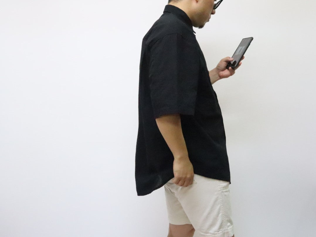 <OSOCU>知多木綿 ちりめん生地 半袖リラックスシャツ 黒 名古屋黒紋付染