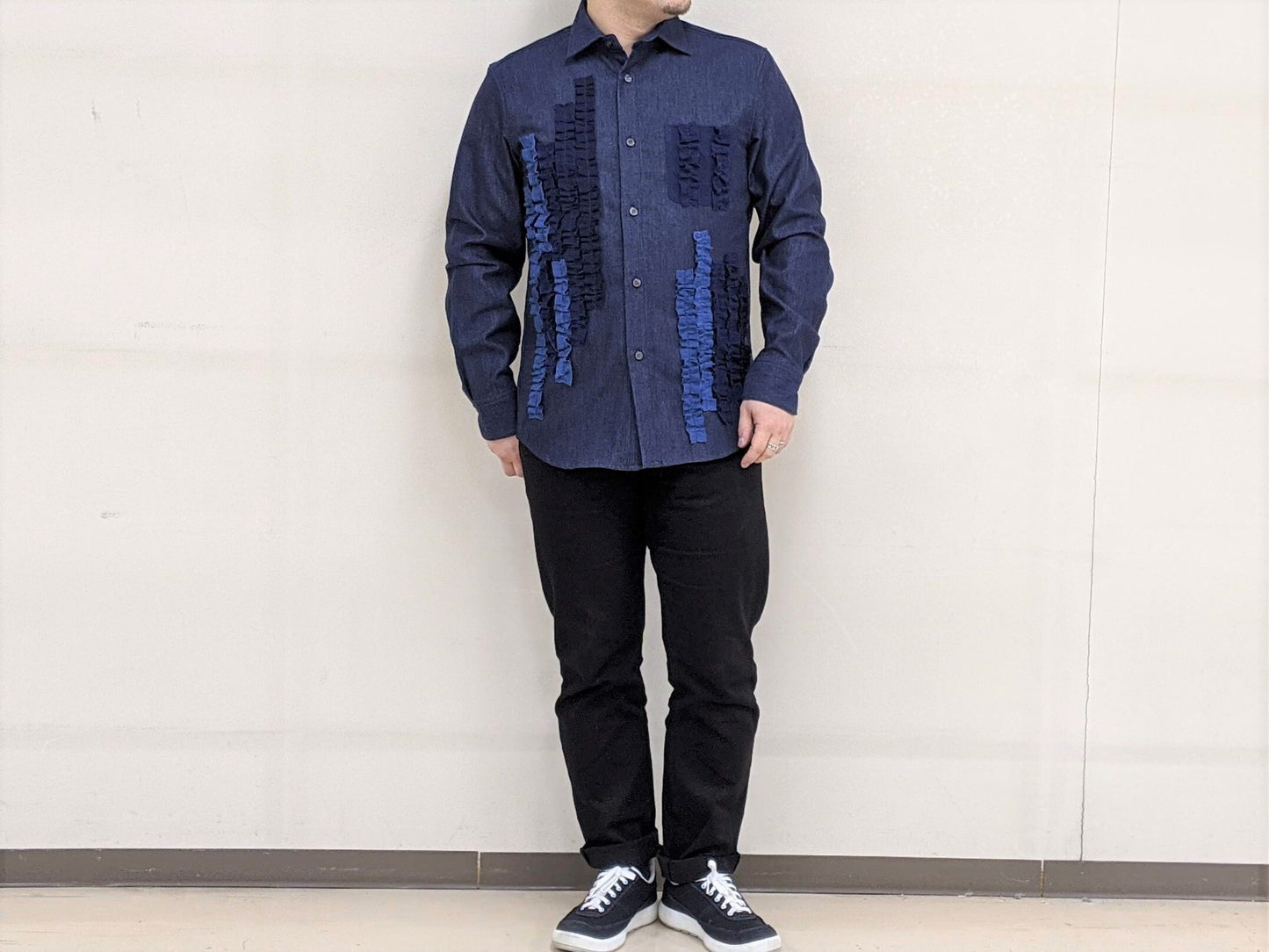 <OSOCU>備後節織 パッチワークデザイン レギュラーカラー フリルシャツ 「飾」 日本製